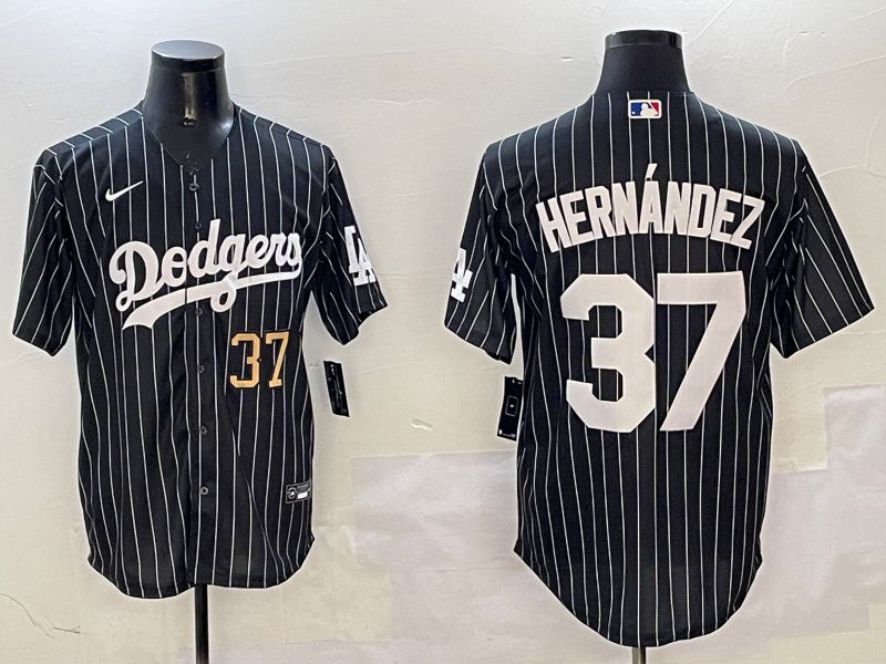 Men Los Angeles Dodgers 37 Hernandez Black Stripe Jointly Name 2025 Nike MLB Jersey style 10
